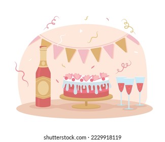 Bachelorette party food 2D vector isolated illustration. Creamed cake with sparkling wine. Hen party flat composition on cartoon background. Colourful editable scene for mobile, website, presentation