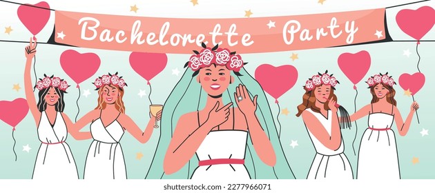 Bachelorette party hen party flat composition with doodle style female characters with balloons and ornate text vector illustration