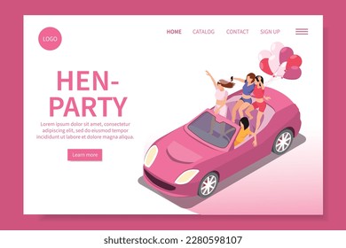 Bachelorette party hen party isometric web site landing page with cabrio car and young female friends vector illustration