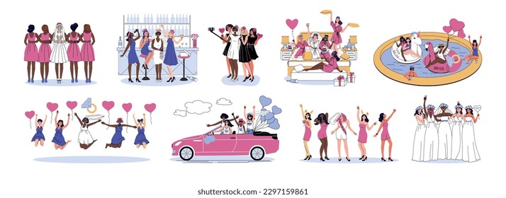 Bachelorette party hen party set of flat icons and isolated compositions of party women leisure activities vector illustration