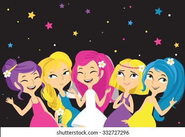 Bachelorette party illustration with girls, bride and her team.