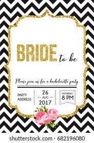 Bachelorette party invitation card with golden frame, black and white pattern and text Bride to be.