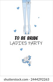 Bachelorette party invitation, garland, bride's legs in stockings and bridal bouquet.