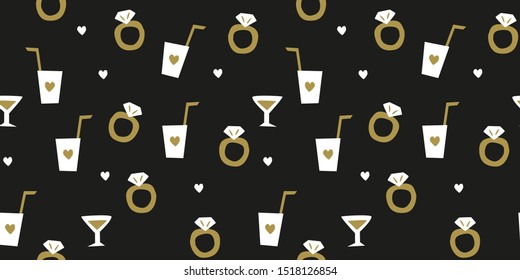 Bachelorette  party seamless pattern with engagement rings and alcoholic drinks for hen, party, celebration, gift wrapping and decoration. Hand drawn black and gold repeat design with diamond ring.