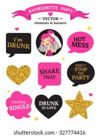 Bachelorette party set with bride, speak bubbles, heart, stars, quotes etc.
