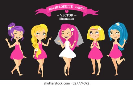 Bachelorette Party Set von Mädchen mit Braut und ihr Team.
