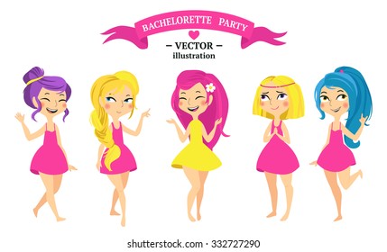 Bachelorette party set of girls with bride and her team.