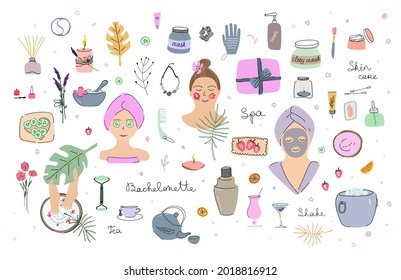 Bachelorette party at the spa with cocktails and a bar. A set of elements for a home spa, face masks, scented candles, a foot bath, a massage washcloth, facial skin care. Vector illustration in doodle