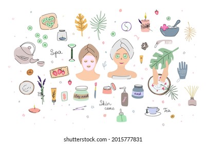 Bachelorette party at the Spa. A set of elements for a home Spa, face masks, tea, scented candles, a foot bath, a massage washcloth, a cucumber mask, facial skin care.Vector illustration in the doodle