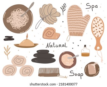 Bachelorette party at the Spa. A set of elements for a home Spa, face masks, tea, scented candles, a foot bath, a massage washcloth,  facial skin care. Vector illustration in the doodle