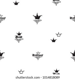 bachelorette party vector seamless pattern bride crowns logo. Black card simple crown illustration on white background in hand drawn hipster style.