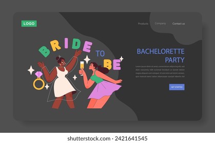 Bachelorette Party web or landing. Joyful pre-wedding celebration with friends, reveling in the excitement of new beginnings. A toast to love, friendship, and the future. Flat vector illustration