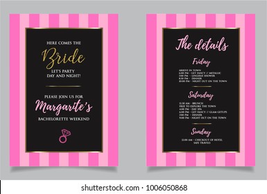 Bachelorette weekend calligraphy  invitation card. Vector lettering design with golden glitter elements and pink striped background. 