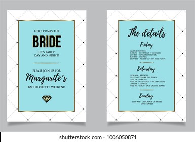 Bachelorette Weekend Calligraphy  Invitation Card. Vector Lettering Design With Golden Glitter Elements And Tiffany Background. 