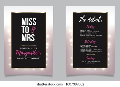 Bachelorette weekend calligraphy  invitation card. Vector lettering design with golden glitter elements and black background. Miss to Mrs.