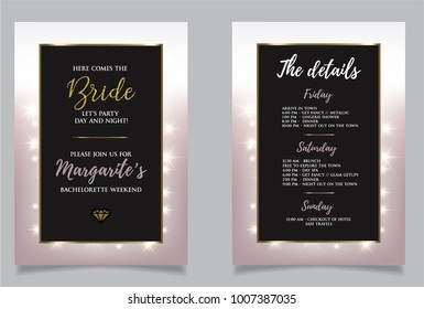 Bachelorette weekend calligraphy  invitation card. Vector lettering design with golden glitter elements and black background.
