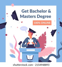 Bachelors And Masters Degree, Get Online Education And Obtain Knowledge. Celebration And Academic Achievements, Graduation Ceremony With Throwing Hats, Student By Stand. Vector In Flat Style