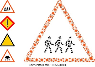 Bacilla collage pedestrian men warning icon, and more icons. Pedestrian men warning collage for medical templates. Vector collage is composed of randomized infection icons.