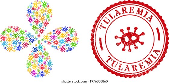 Bacilla colored rotation flower with four petals, and red round TULAREMIA textured stamp print. Bacilla symbol inside round stamp. Element burst combined from random bacilla symbols.