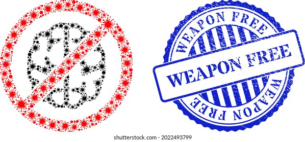 Bacilla mosaic brainless icon, and grunge WEAPON FREE seal stamp. Brainless collage for isolation templates, and grunge round blue stamp. Vector mosaic is constructed with scattered bacterium items.