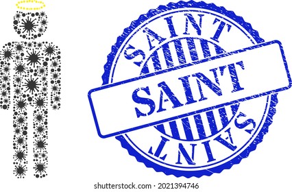 Bacilla mosaic holy man figure icon, and grunge SAINT seal stamp. Holy man figure mosaic for breakout images, and rubber round blue seal. Vector collage is composed of scattered virus items.