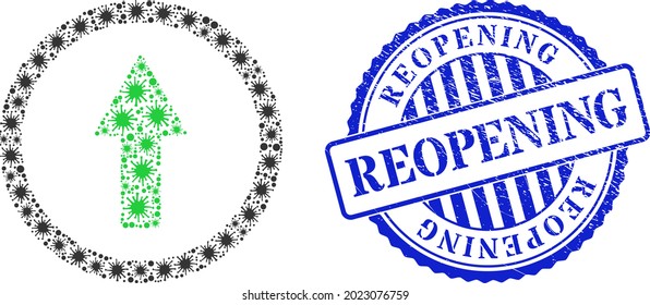 Bacilla mosaic rounded up arrow icon, and grunge REOPENING seal stamp. Rounded up arrow collage for pandemic images, and grunge round blue seal imitation.