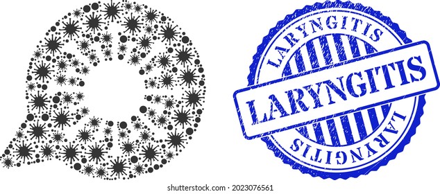Icono de mensaje viral de mosaico de Bacilla y sello de sello de sello LARYNGITIS de grunge. Mosaico de mensajes virales para plantillas epidémicas y impresión de sello azul redondo texturado.