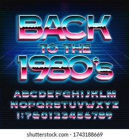 Back to the 1980s alphabet font. Glowing 3D letters and numbers in 80s style. Stock vector typeface for your typography design.