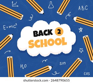 Modelo de banner da escola Back 2. Conhecimento de base do conceito educacional. Lápis de estilo plano formam quadro. Elemento de rabiscar em fundo azul. Saudação de texto na nuvem