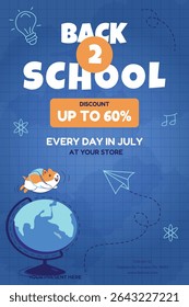 Back 2 School flyer with cartoon fish, globe illustration, dark blue grid layout and orange discount button –Vector design template for a poster, card, sale, party invitation, banner.