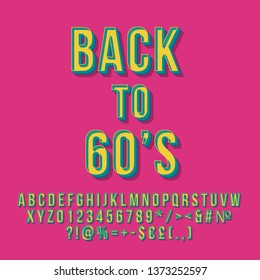 Back to 60s 3d vector lettering. Retro bold font. Pop art stylized text. Old school style letters, numbers, symbols pack. Vintage poster, banner, t shirt typography design. Fuchsia color background