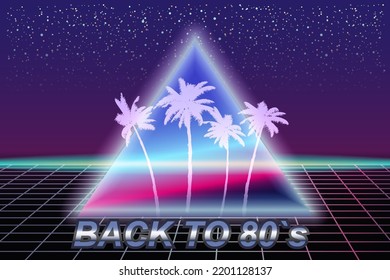 Back to 80 s retro banner vaporwave aesthetic background Synthwave. Palms silhouette triangle grid 3d, sunset retrowave