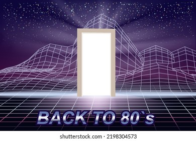Back to 80 s Synthwave retro banner vaporwave aesthetic background. Open door mountain landscape grid 3d, sunset retrowave