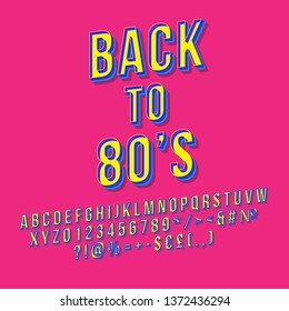 Back to 80s 3d vector lettering. Retro bold font. Pop art stylized text. Old school style letters, numbers, symbols pack. Vintage poster, banner, t shirt typography design. Fuchsia color background