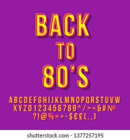 Back to 80s 3d vector lettering. Retro bold font. Pop art stylized text. Old school style letters, numbers, symbols pack. Vintage poster, banner, t shirt typography design. Purple color background