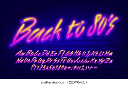 Back to 80s alphabet font. Hand drawing glowing letters, numbers and punctuations. Uppercase and lowercase. Retro-futuristic vector typescript for your typography design.