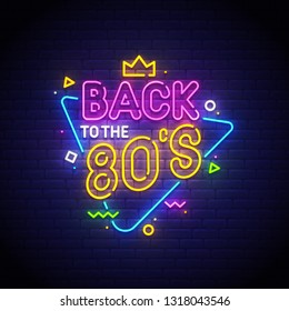 Back to the 80's neon sign, bright signboard, light banner. Vector illustration