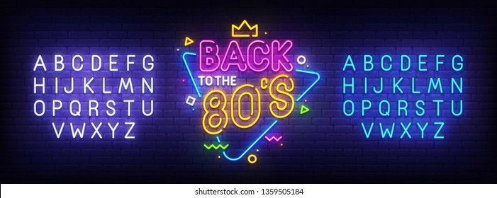Back to 80s neon sign, bright signboard, light banner. Back to the 80's logo, emblem and label. Neon sign creator. Neon text edit