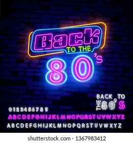 Back to the 80s neon sign vector. 80 s Retro style Design template neon sign, light banner, neon signboard, nightly bright advertising, light inscription. Vector illustration