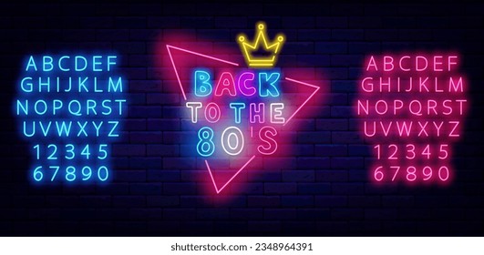 Back to the 80s party neon label. Triangle frame with crown. Shiny pink and blue alphabet. Retro celebration. Holiday concept. Event design on brick wall. Glowing banner. Vector stock illustration