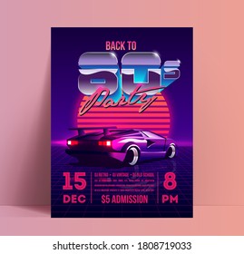 Back to 80s party poster or flyer design template with retro vaporwave or synthwave aesthetic illustration of the vintage supercar at sunset on purple background. Vector illustration