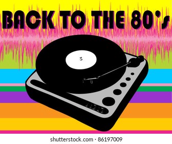 Back to the 80's Record Player with Rainbow and Soundwave Background