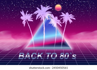 Zurück zu 80er Jahre Retro Banner Vaporwave ästhetischer Hintergrund Synthwave. Palmen Silhouette Dreieck Gitter 3d, Sonnenuntergang Retrowelle