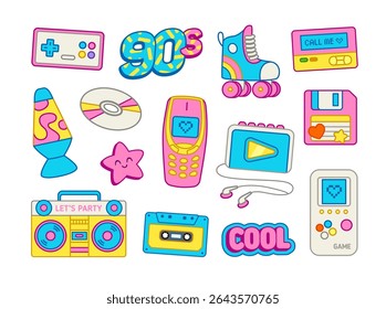 De volta à coleção estética dos anos 90 (set 2): música, tecnologia, moda, itens de estilo de vida. Nostálgico 90s tema para adesivos de desenho animado, roupas imprime design e decoração festa retro. Vetor editável 