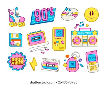 Back to the 90's aesthetic collection (set 1): music, technology, fashion, lifestyle items. Nostalgic 90s theme for cartoon stickers, clothes prints design and decoration retro party. Editable vector 