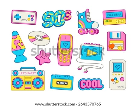 Back to the 90's aesthetic collection (set 2): music, technology, fashion, lifestyle items. Nostalgic 90s theme for cartoon stickers, clothes prints design and decoration retro party. Editable vector 
