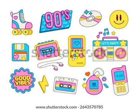 Back to the 90's aesthetic collection (set 1): music, technology, fashion, lifestyle items. Nostalgic 90s theme for cartoon stickers, clothes prints design and decoration retro party. Editable vector 
