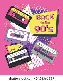 Back in the 90s. Banner with retro music cassettes. Nostalgia of the 90s. Invitation to a 90's disco. Vector illustration