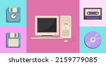 Back to 90s. Flat vector set of old computer pc, vintage video cassette, retro floppy disk, tape recorder cassette and compact disc.
Nostalgia for 1990s