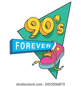 Volver a los años 90 para siempre groovy Anuncio de cómic logo insignia diseño Plantilla Ilustración vectorial isométrica. Colorido emblema del arte pop con el zapato retro para la fiesta del entretenimiento con estilo creativo estampado de camiseta